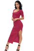 Sexy Burgundy Dusty Ribbed Half Sleeve Maxi Dress